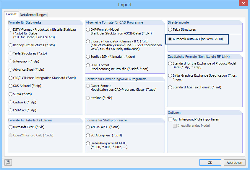 Možnosti importu v programu RFEM 6