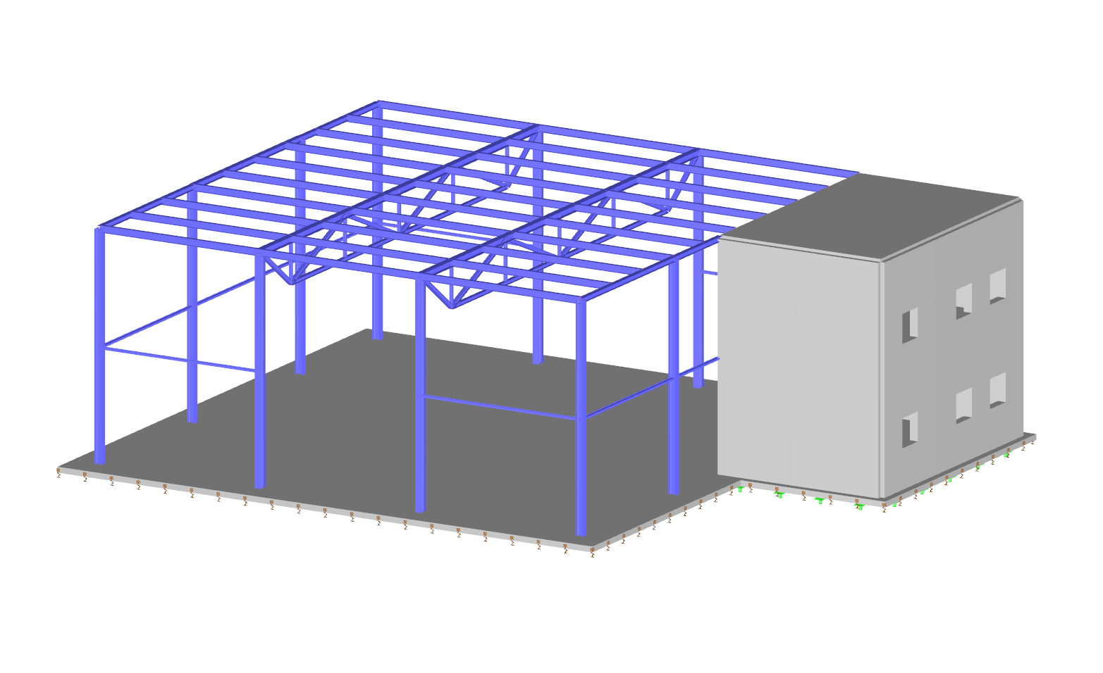 3D ocelová hala s prodloužením železobetonu