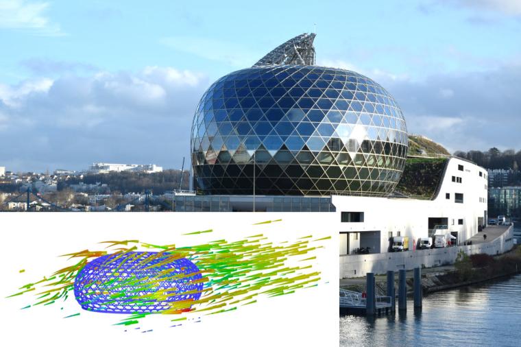 Simulace zatížení větrem na CIMU - ILE DE SEGUIN v Paříži v digitálním větrném tunelu v programu RWIND Simulation (© www.bouygues.com)