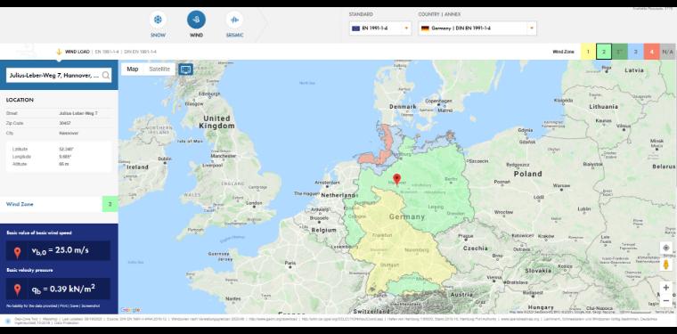 Dlubal online služba pro stanovení zatížení větrem na základě cloudových mapových služeb