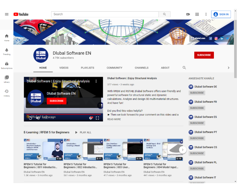 Dlubal YouTube kanál s odbornými propracovanými webináři na různá témata k samostudiu
