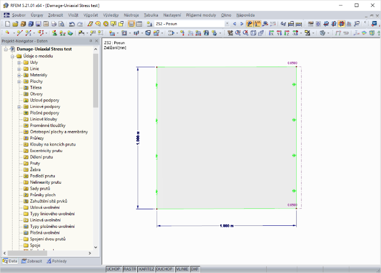 Berechnungsmodell in RFEM: ein FE-Element, links gehalten, rechts gezogen
