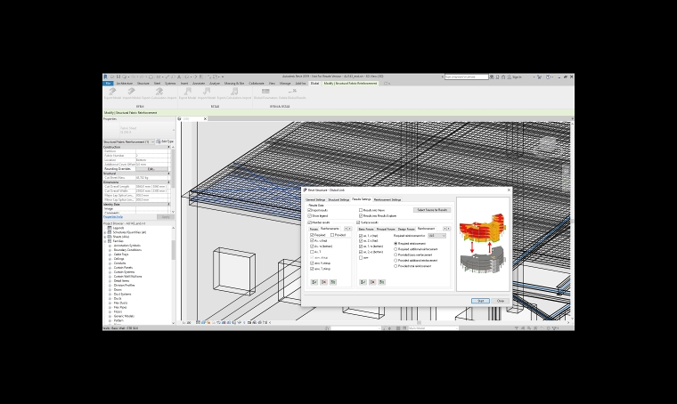 Plošná výztuž 3D v programu Revit vygenerovaná přímo na základě výsledků posouzení v programu RFEM