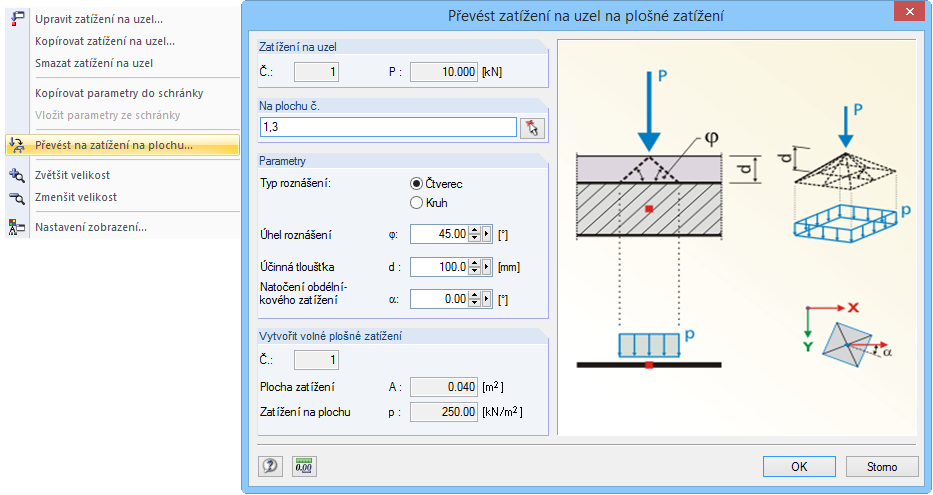 Převedení uzlového zatížení na zatížení na plochu