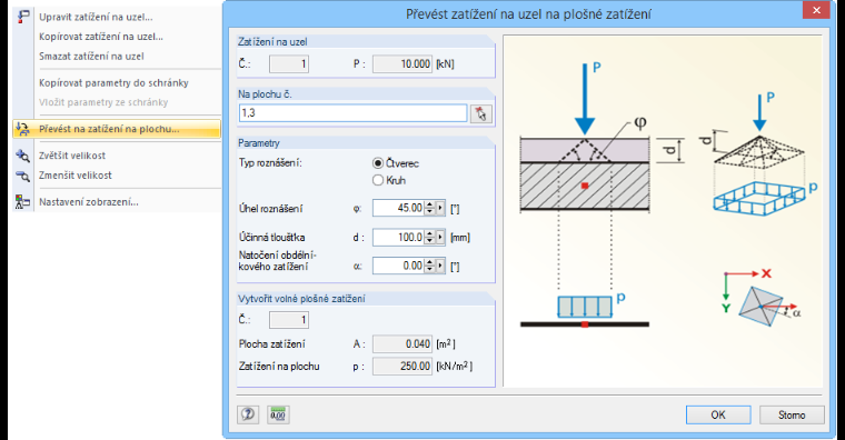 Převedení uzlového zatížení na zatížení na plochu
