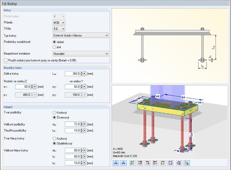 Dialog „1.6 Kotvy“ v modulu RF-/JOINTS