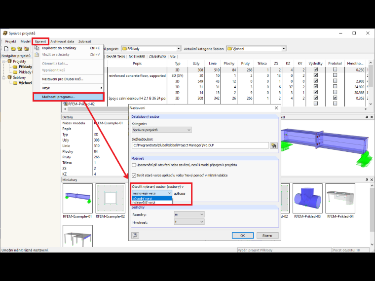 Festlegung des Standardprogramms im Projektmanager