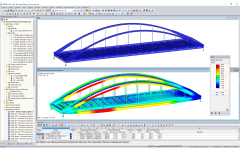 3D model (nahoře) a zobrazení deformace (dole) hervestského mostu č. 423 v programu RSTAB (© grbv)