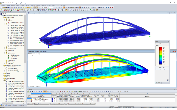 3D model (nahoře) a zobrazení deformace (dole) hervestského mostu č. 423 v programu RSTAB (© grbv)