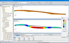 Model a první vlastní tvar mostu pro pěší a cyklisty v programu RFEM (© IB Miebach)