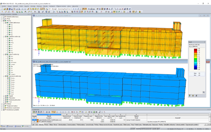 3D-Modell (oben) und Schnittgrößendarstellung (unten) der Holztragkonstruktion in RFEM (© Nordic Structures, © Schaefer)