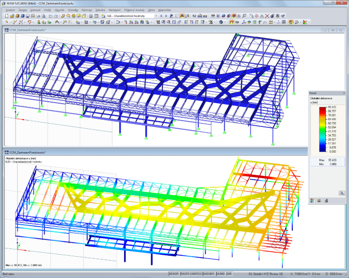 Model střechy food courtu v RFEM s výsledky deformací (© Obermeyer a.s.)