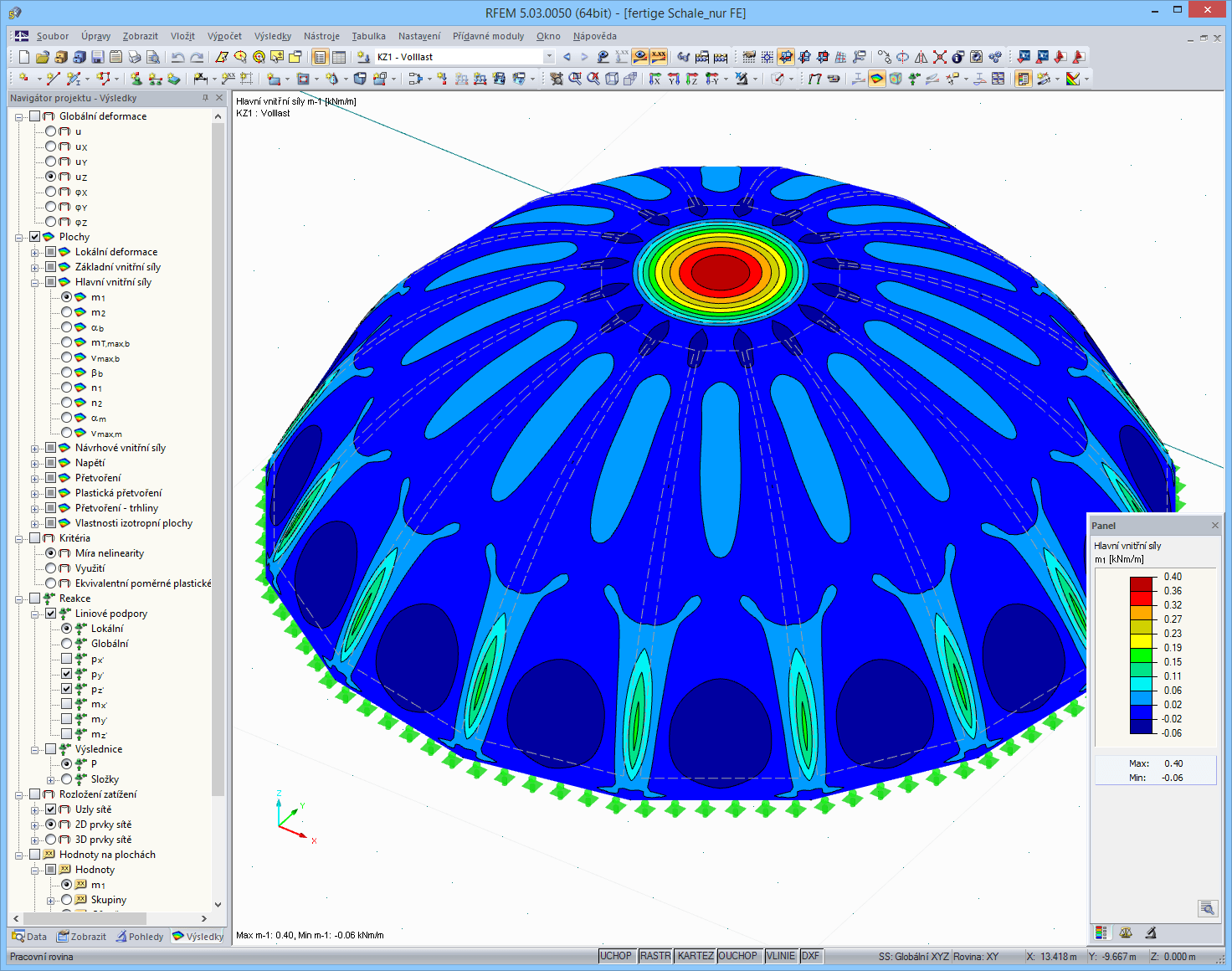 RFEM-Grafik mit Darstellung der max. Momente von 0,40 kNm/m in der Schale (Endzustand) unter Eigengewicht und 1,50 kN/m² Schnee (© TU Wien)