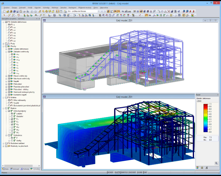 Modell und Verformungsfigur des Kesselhauses in RFEM (© AG-inženiring)