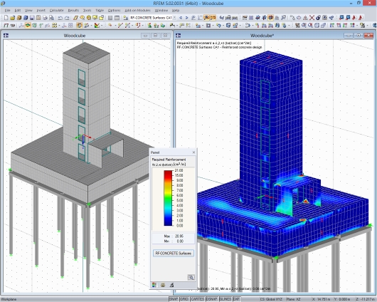 Model a výsledky posouzení železobetonové konstrukce (© Isenmann Ingenieure)