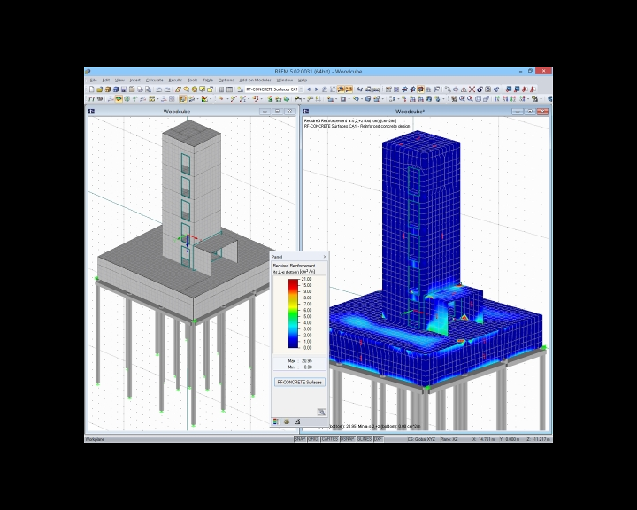 Model a výsledky posouzení železobetonové konstrukce (© Isenmann Ingenieure)
