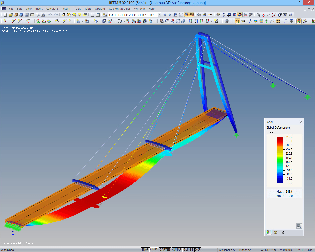 Model zavěšeného mostu se znázorněním deformace v programu RFEM (© IB Robert Buxbaum)