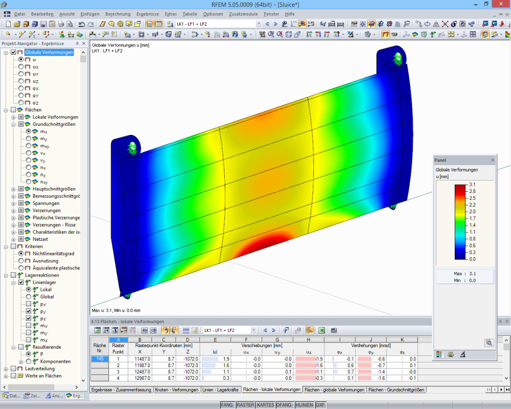 Deformace na staveništi s klapkovou bránou v programu RFEM (© Ingenieurbüro Jürgen Ehlenz)