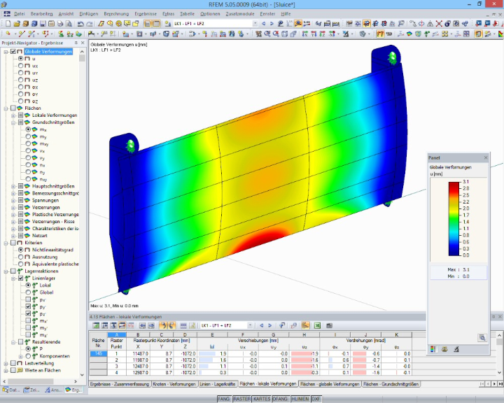 Deformace na staveništi s klapkovou bránou v programu RFEM (© Ingenieurbüro Jürgen Ehlenz)
