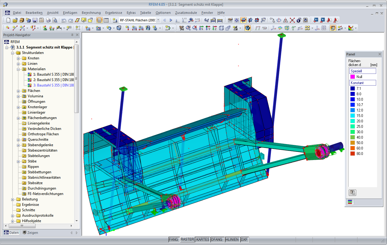 RFEM model tlouštěk ploch v modulu RF-STEEL Surfaces (© Ingenieurbüro Jürgen Ehlenz)