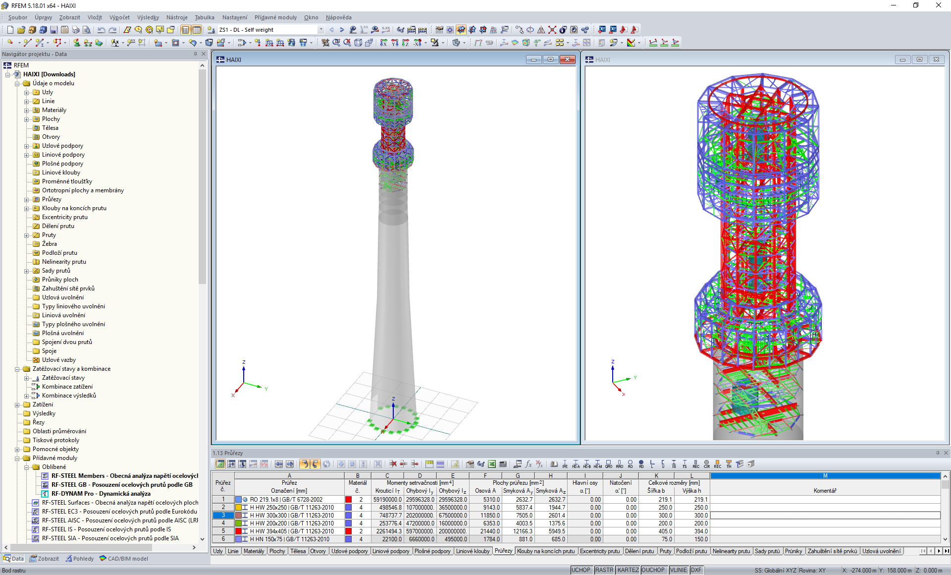 Das Turmmodell im RFEM-Programm (der ganze Turm links, Detail des Stahlteils rechts) (© Allcons s.r.o.)