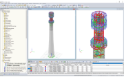 Das Turmmodell im RFEM-Programm (der ganze Turm links, Detail des Stahlteils rechts) (© Allcons s.r.o.)