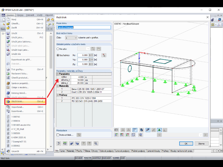 Vložení uloženého bloku s parametry
