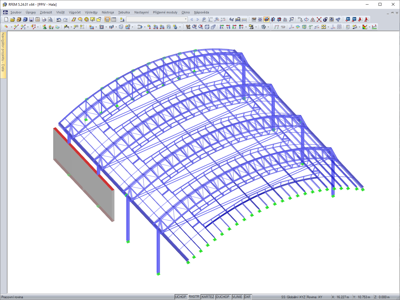 RFEM model zastřešení velkoprostorové kanceláře, Praha