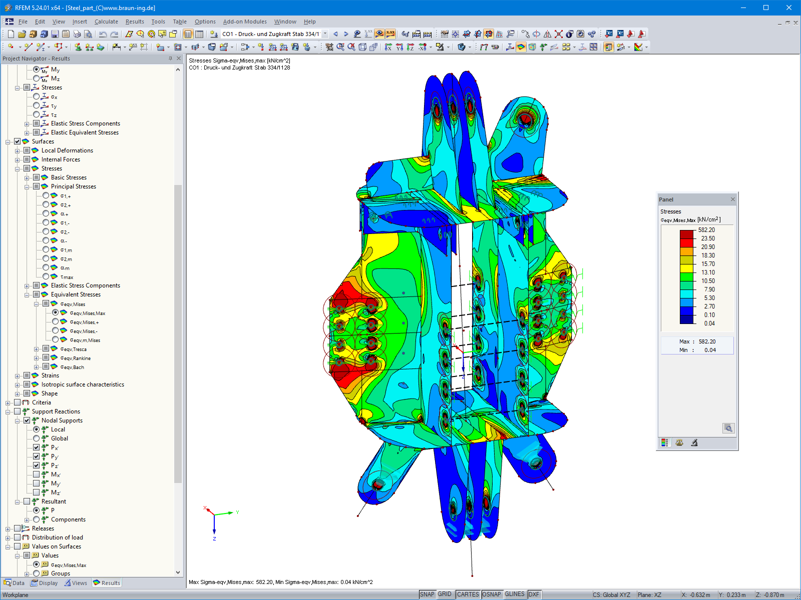 Analýza napětí v ocelové části přípoje v programu RFEM (© Ingenieurbüro Braun GmbH & Co. KG)