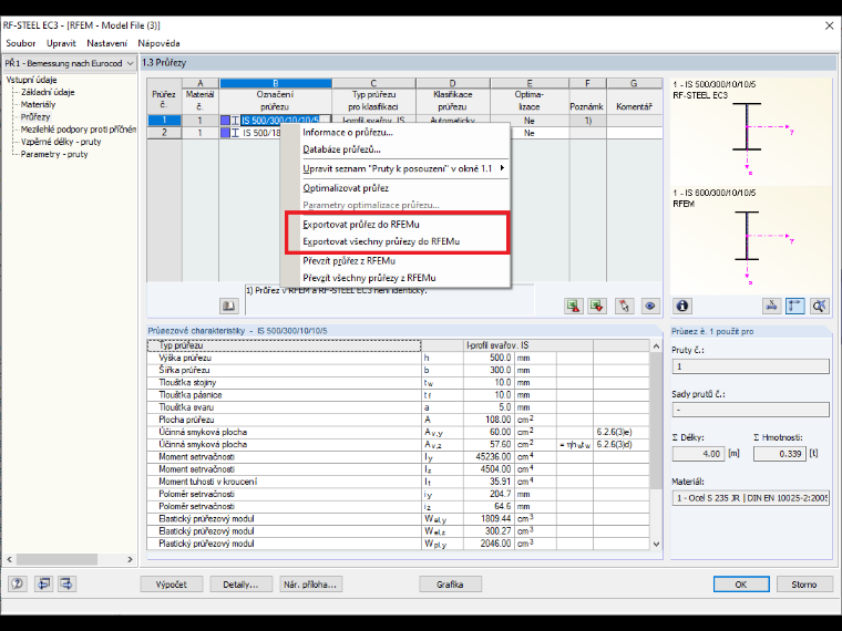 Export průřezů do hlavního programu RSTAB/RFEM