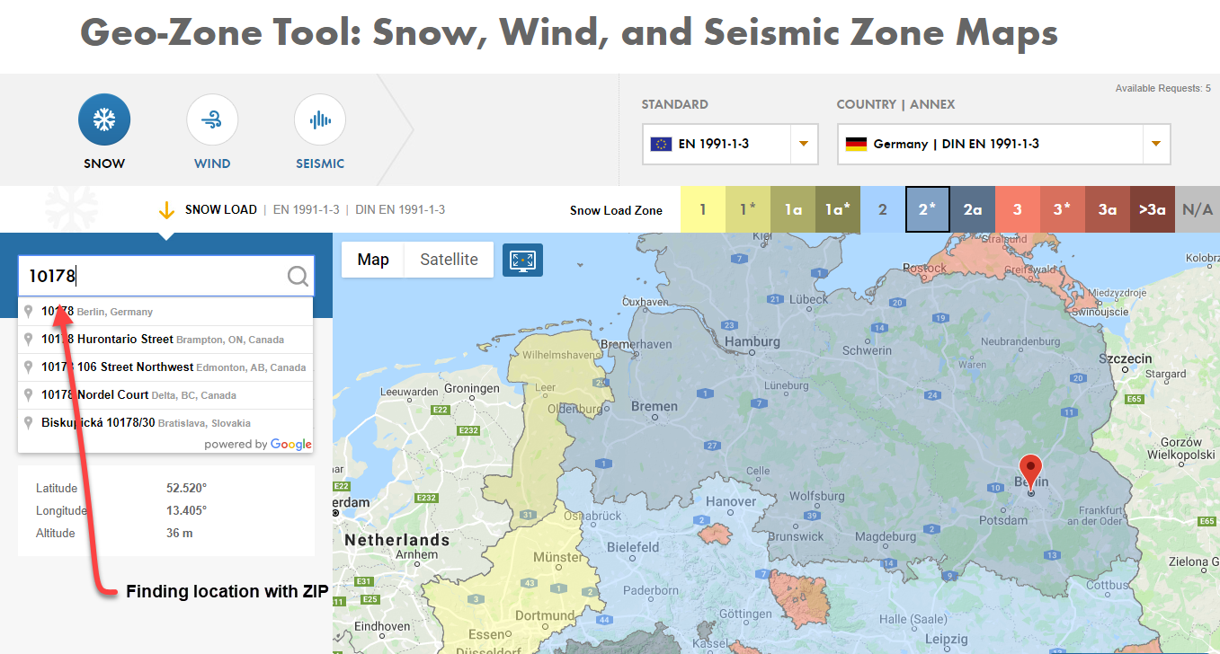 Vyhledání sněhové oblasti a zatížení sněhem podle poštovního směrovacího čísla (PSČ)