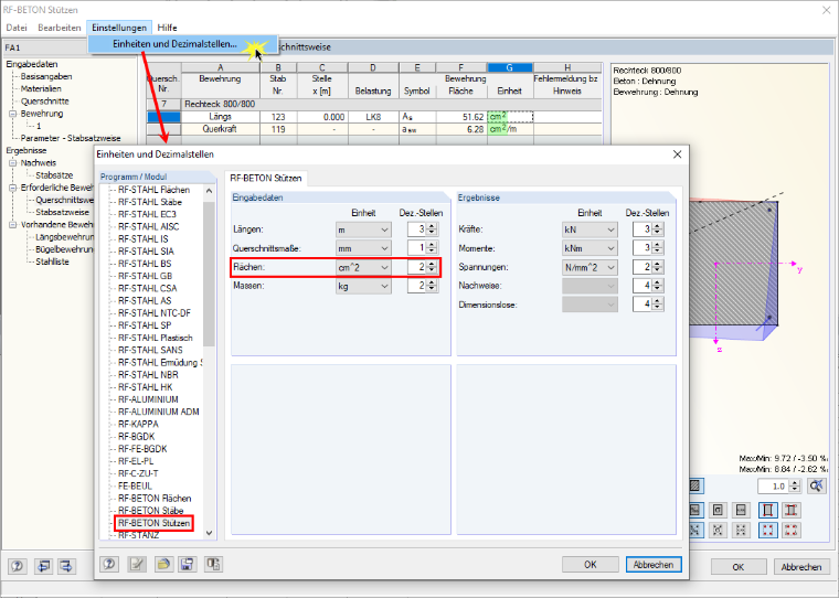 Nastavení jednotek a desetinných míst v modulu RF-CONCRETE Columns