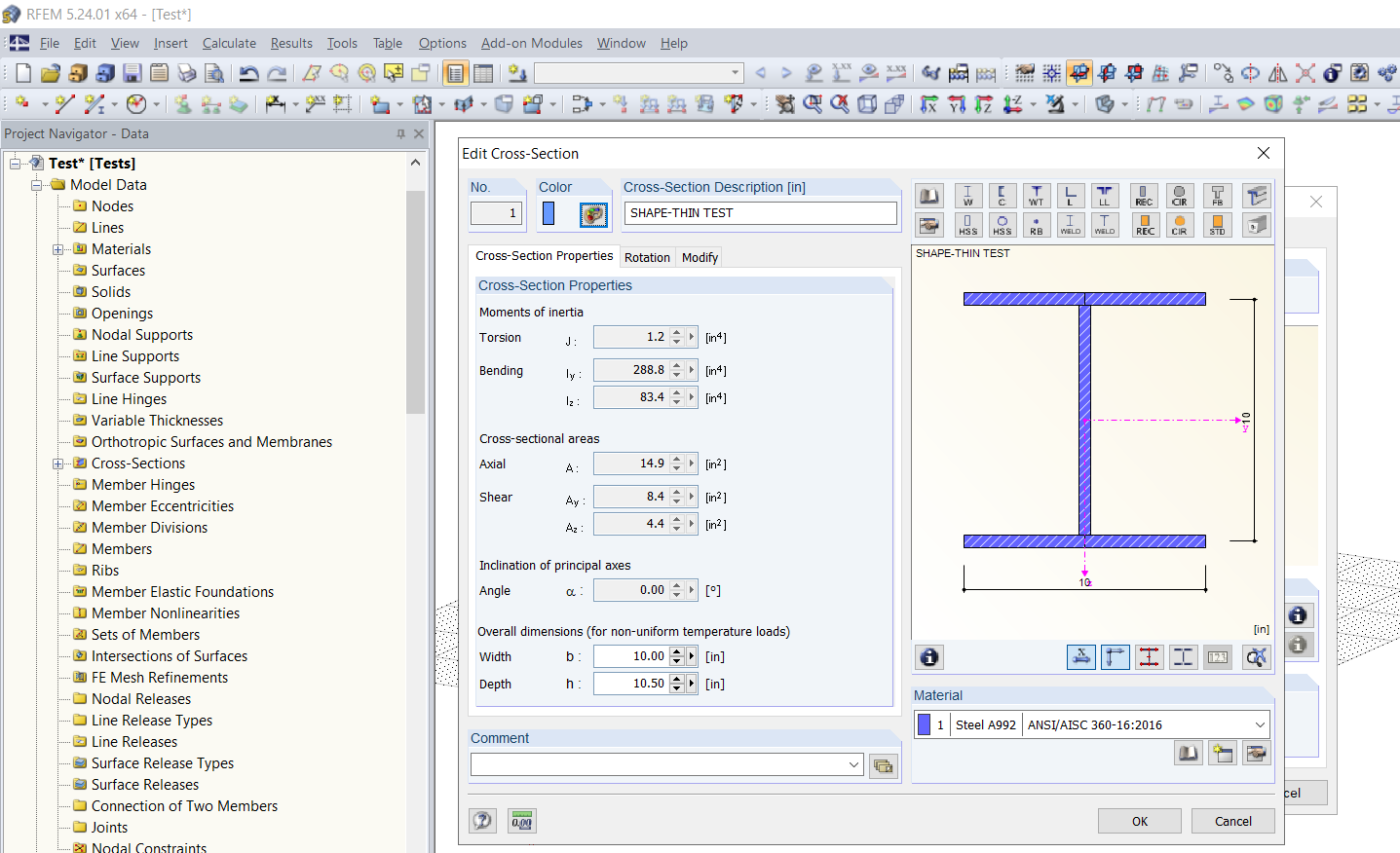 Importovaný průřez SHAPE-THIN v programu RFEM/RSTAB