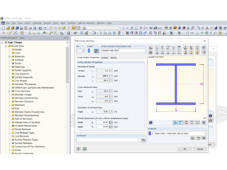 Importovaný průřez SHAPE-THIN v programu RFEM/RSTAB