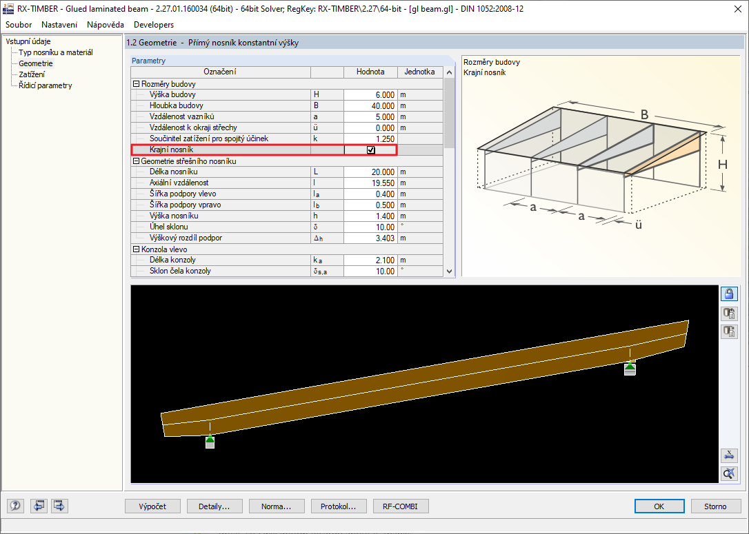 Zadání okrajového nosníku v RX-TIMBER Glued-Laminated Beam