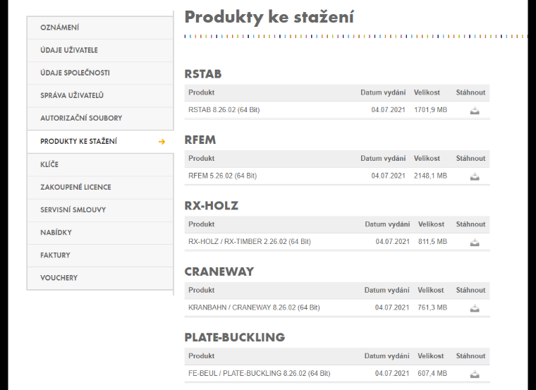 Stahování produktů na účtu Dlubal