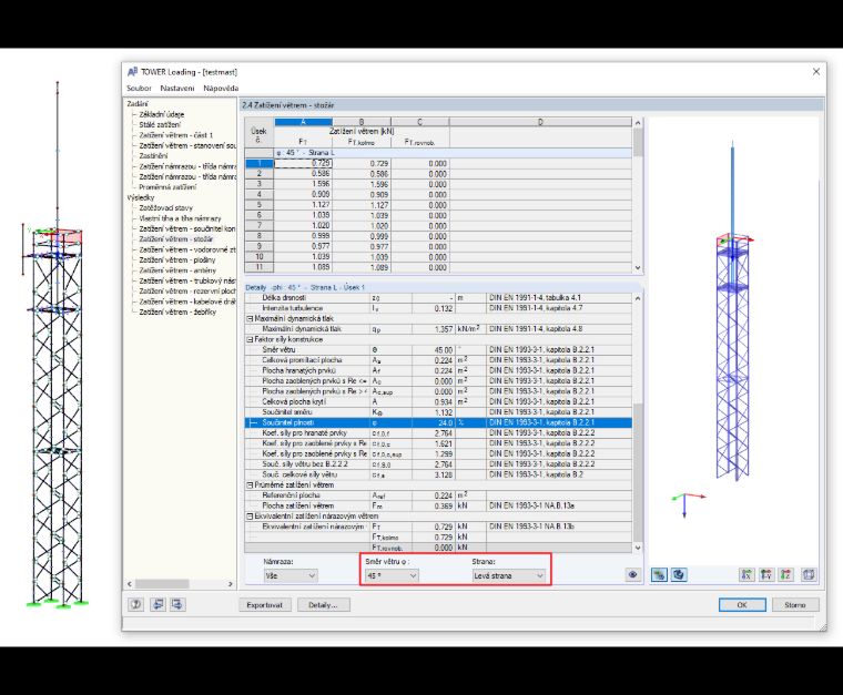 Mezivýsledky v přídavném modulu RF-/TOWER Loading