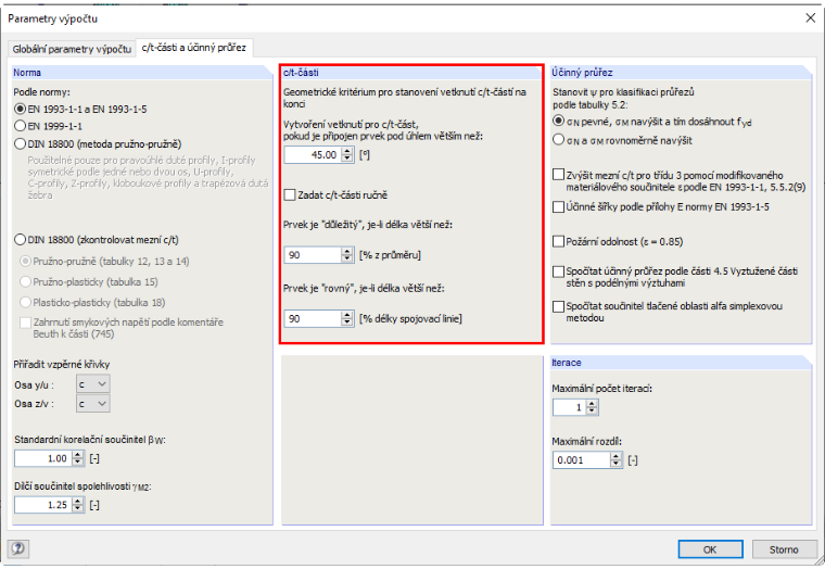 Dialog "Parametry výpočtu", záložka "c/t-části a účinný průřez"
