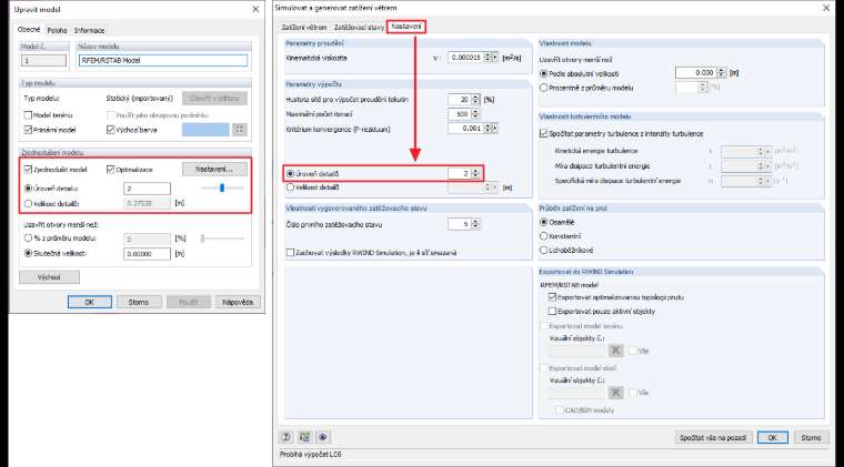 Nastavení úrovně detailů v programu RWIND Simulation (vlevo) a v programu RFEM (vpravo)