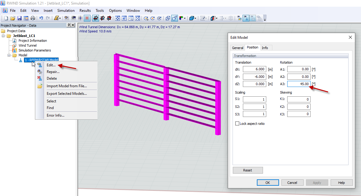 Posun a natáčení modelu v programu RWIND Simulation