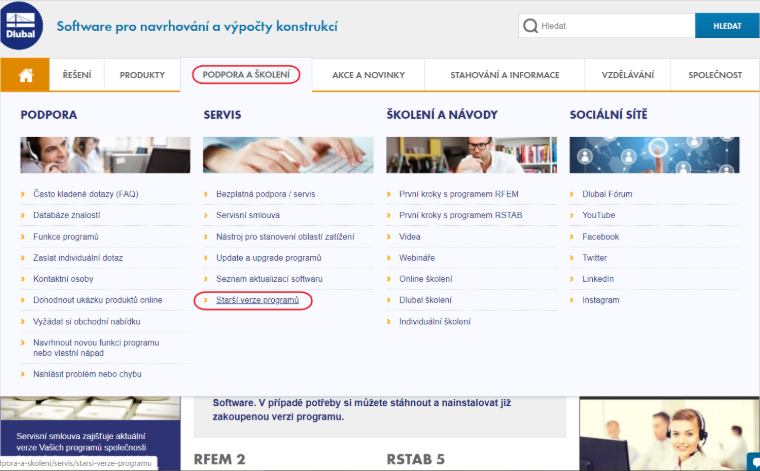 Starší verze programů v Extranetu