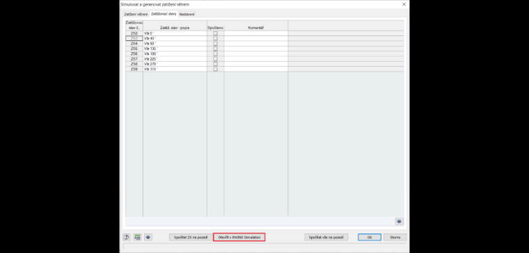 Přenos definovaných parametrů do programu RWIND Simulation