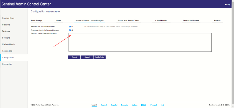 Zadejte přímo IP adresu serveru do "Remote License Search Parameters".
