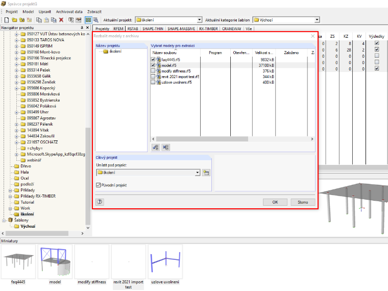 Dialog "Rozbalit modely z archivu"