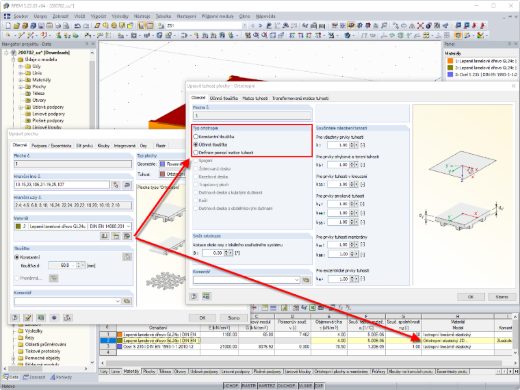 Parametry tuhosti - Ortotropní elastický materiálový model