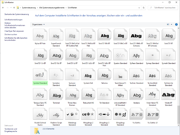Výpis písem ve Windows 10 s typem "Symbol Standard"