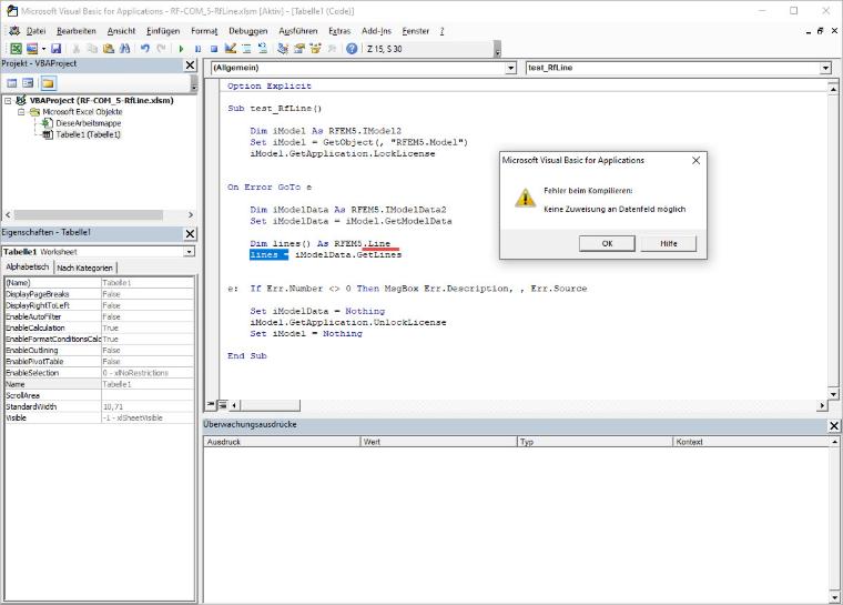 Objekt RFEM.Line způsobuje vnitřní chybu v EXCELu