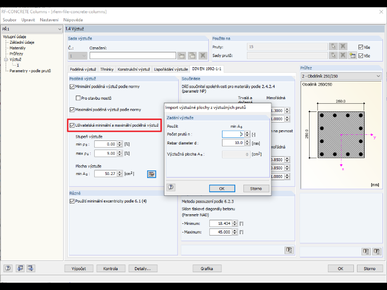 Dialog 1.4 v přídavném modulu RF-CONCRETE Columns s nastavením navržené základní výztuže