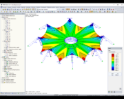 Tahové síly v lanech a obrysy po form-findingu v programu RFEM