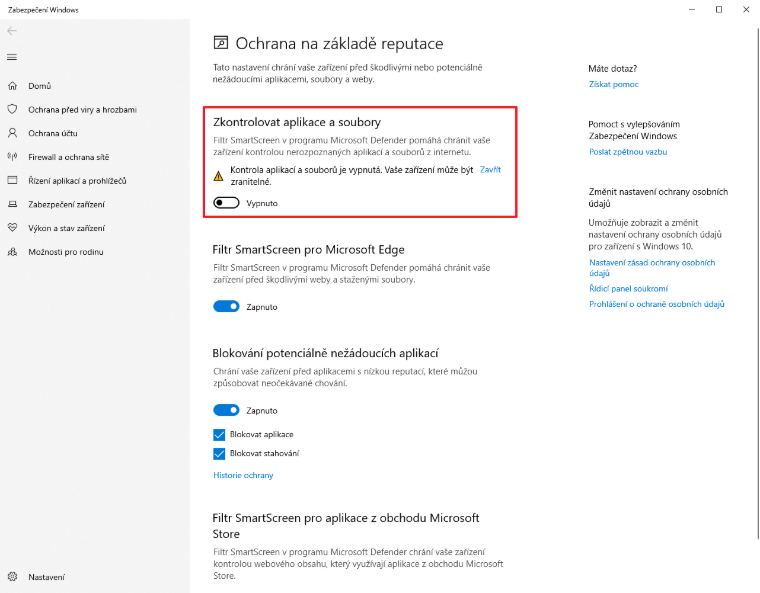 Ochranu lze dočasně deaktivovat v Zabezpečení Windows.
